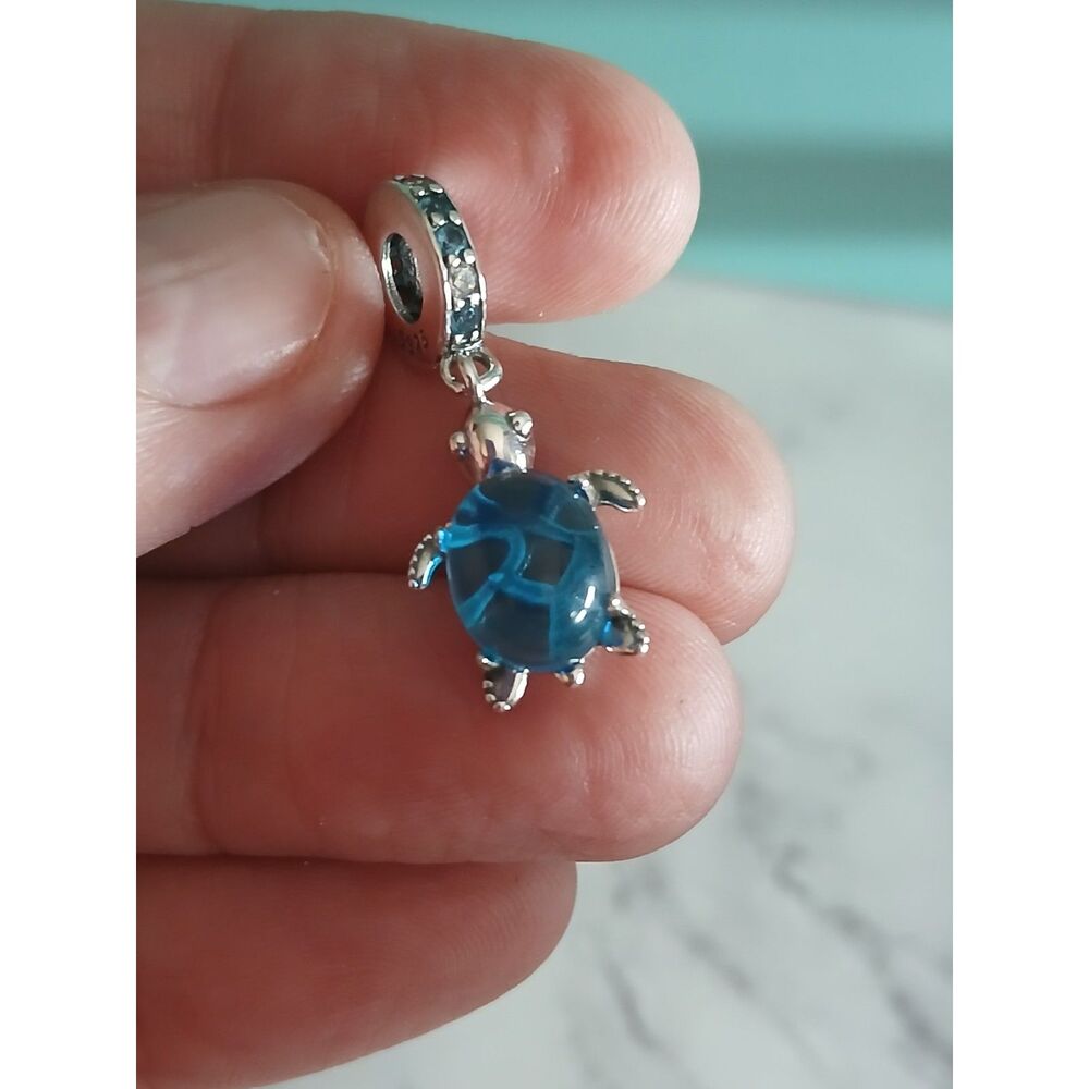 Blue Sea Turtle Genuine S925 Silver Dangle Charm Blue and White Crusted Bail
